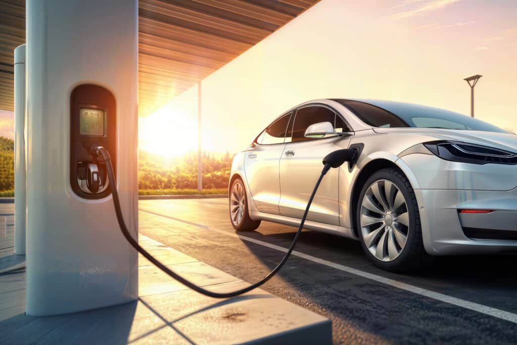 Voiture électrique grise en recharge à une borne moderne sous un soleil couchant éclatant.